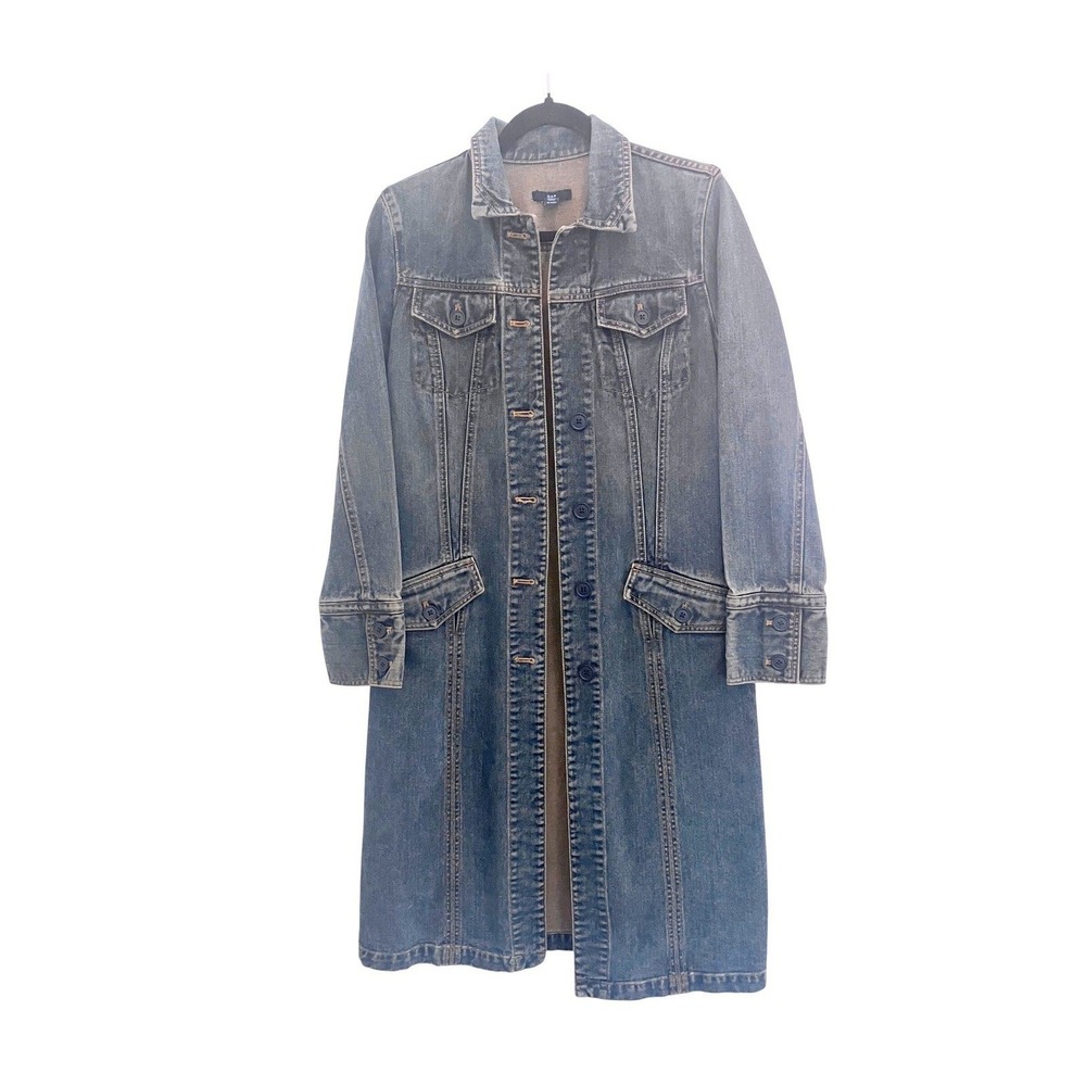 Gap Women Denim Duster Coat S Blue Longline Button Front Utility Vintage Style